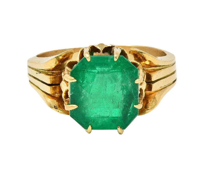 Victorian 3.60 CTW Colombian Emerald 14 Karat Yellow Gold Antique Crown Solitaire Ring GIA