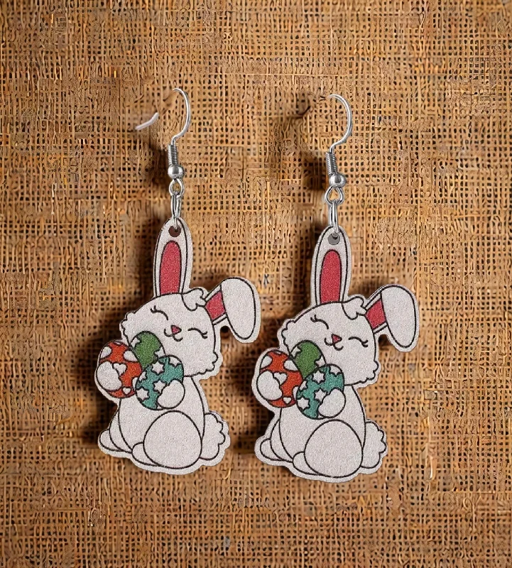 Silver Stud Earrings-Adorable Easter Bunny Wood Earrings