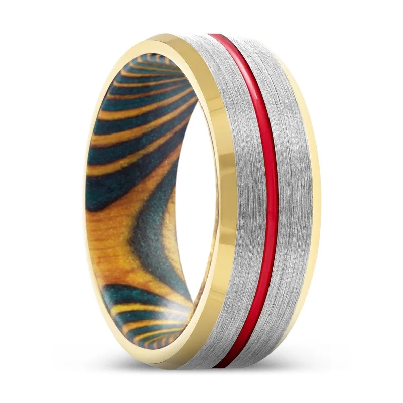 TWISTER | Green and Yellow Wood, Silver Tungsten Ring, Red Groove, Gold Beveled Edge