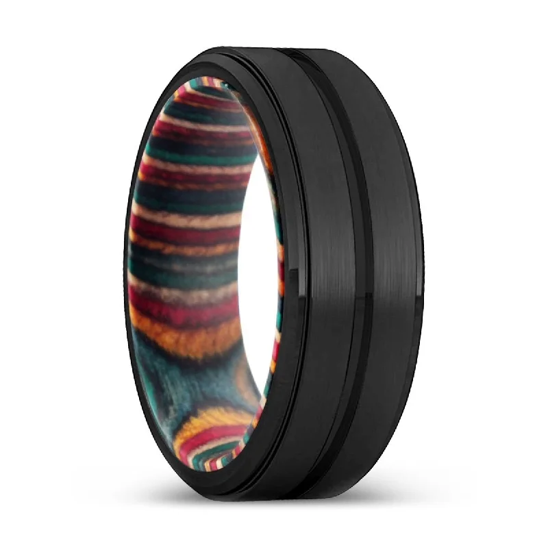 LIVINGSTON | Multi Color Box Wood, Black Tungsten Ring, Grooved, Stepped Edge