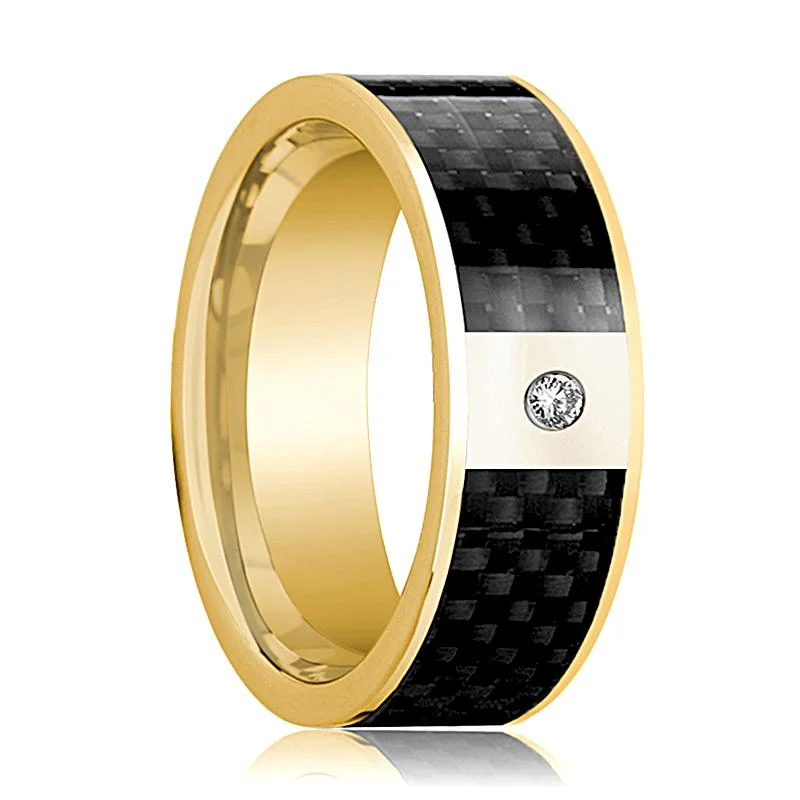 Flat Polished 14k Yellow Gold and Diamond Men's Wedding Band with Black Carbon Fiber Inlay - 8MM