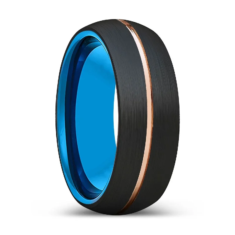 STREAM | Blue Tungsten Ring, Black Tungsten Ring, Rose Gold Groove, Domed