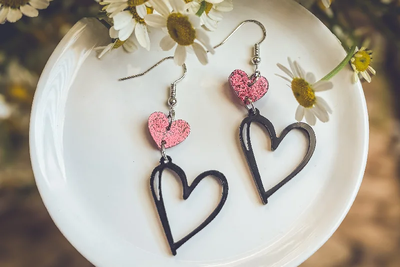 Handmade Gold Earrings-Adorable Black and Red Heart Drop Earrings