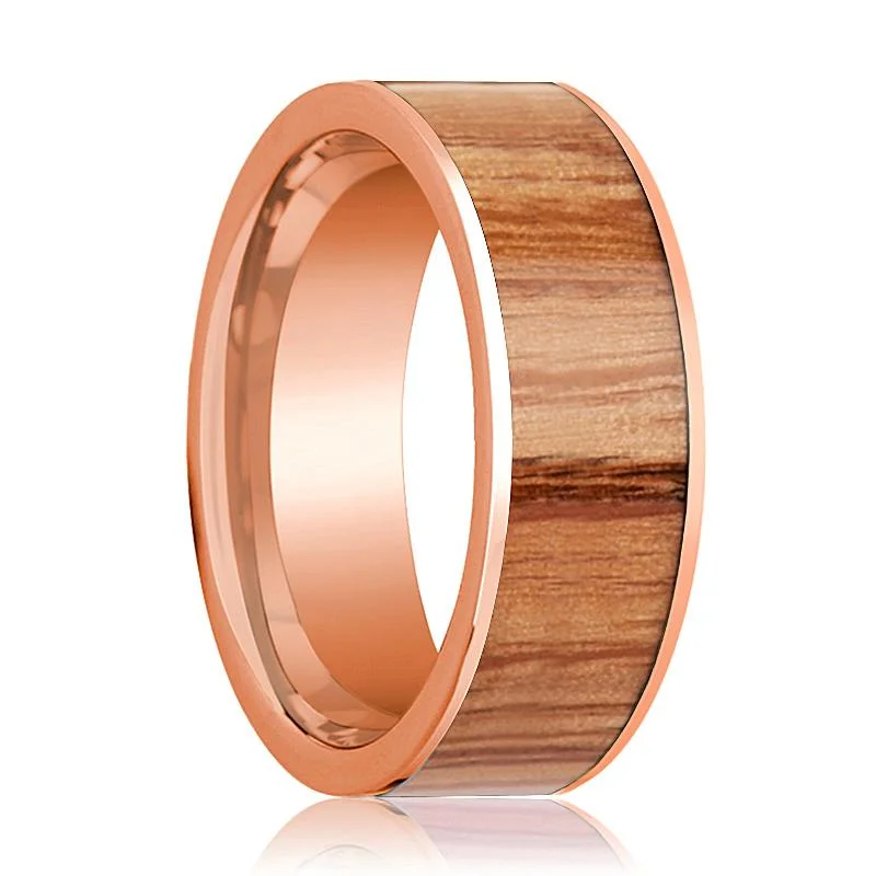 Men's 14K Rose Gold Wedding Band with Red Oak Wood Inlay Polished - 8MM