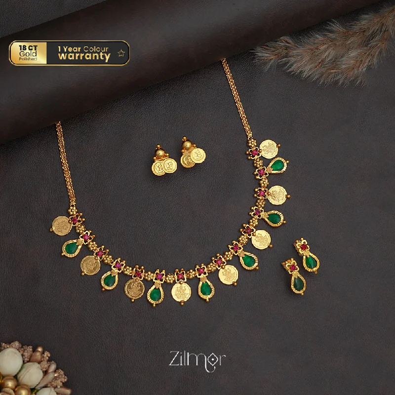 Cute Gemstone Necklace-PP1011352 - Gold tone Lakhmi coin & Palakka Necklace with 2 Earrings set