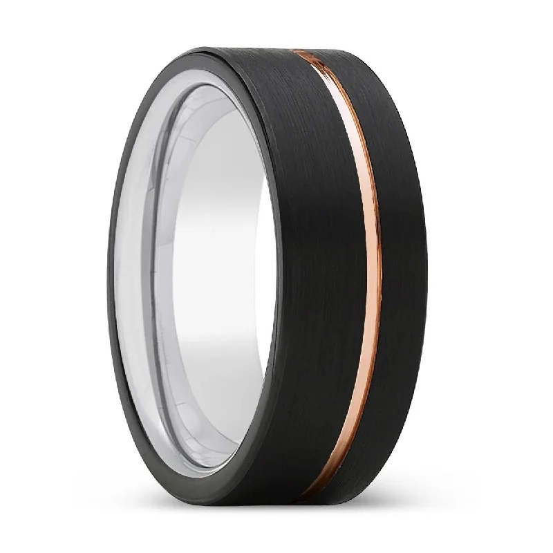 VOYAGE | Silver Ring, Black Tungsten Ring, Rose Gold Offset Groove, Brushed, Flat