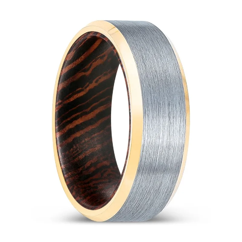 TIWANIA | Wenge Wood, Brushed, Silver Tungsten Ring, Gold Beveled Edges