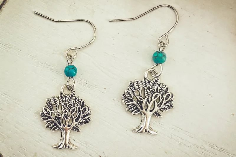 Unique Gemstone Earrings-Beautiful Dainty Silver and Turquoise Tree Earrings