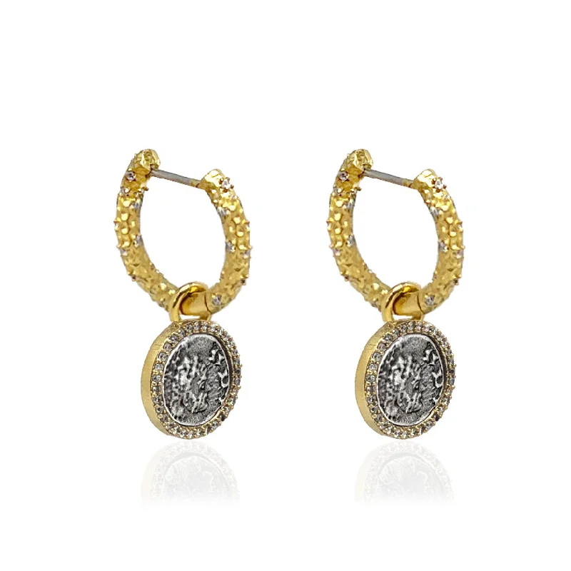 Double-Sided Earrings-GOLD CRYSTAL HUGGIES WITH SLIDE ON DUPRÉ COINS