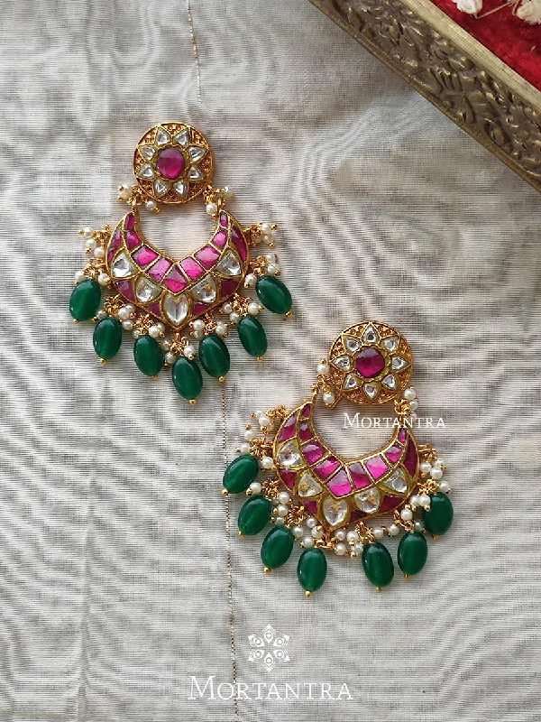 Statement Earrings for Weddings-Pink Color Gold Plated Thappa Jadau Kundan Earrings - TJ-E15WP