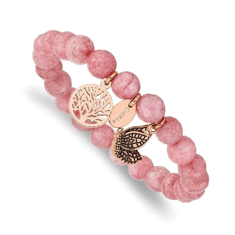 Swarovski Crystal Bracelet-Stainless Steel Antiqued & Polished Rose IP Pink Dyed Jade Stretch Bracelet