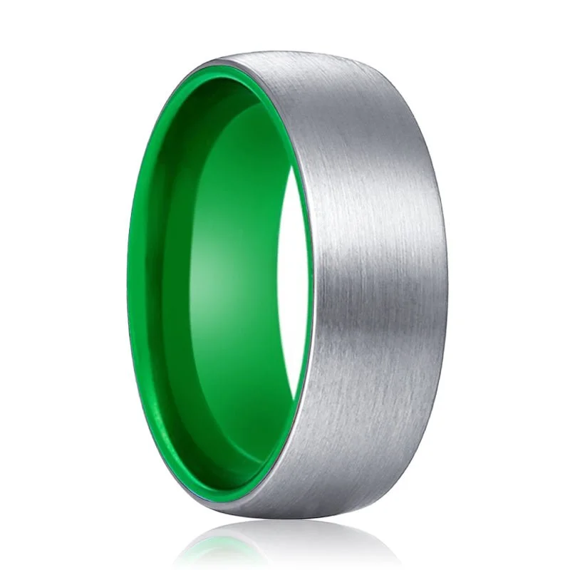 PAGANI | Green Ring, Silver Tungsten Ring, Brushed, Domed