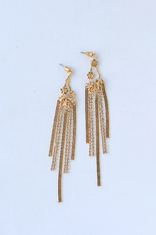 Handmade Boho Earrings-FINAL SALE - Lucy Gold Rhinestone Fringe Earrings