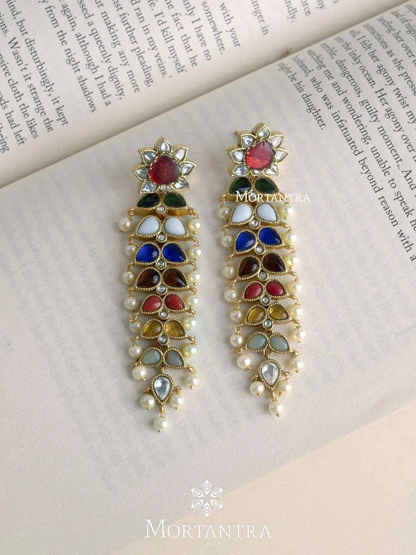 Cute Flower Earrings-Navratna Gold Plated Jadau Kundan Earrings - ME1077N