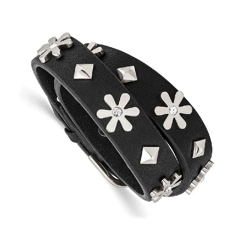 Stackable Charm Bracelet-Stainless Steel Polished w/Swarovski Flower Studded Leather Adj. Bracelet