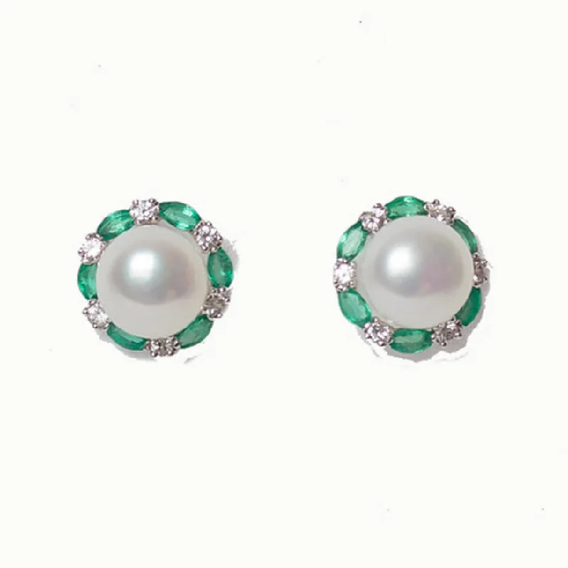 Handcrafted Earrings-White Gold - Mother of Pearl with White Sapphires & Emeralds