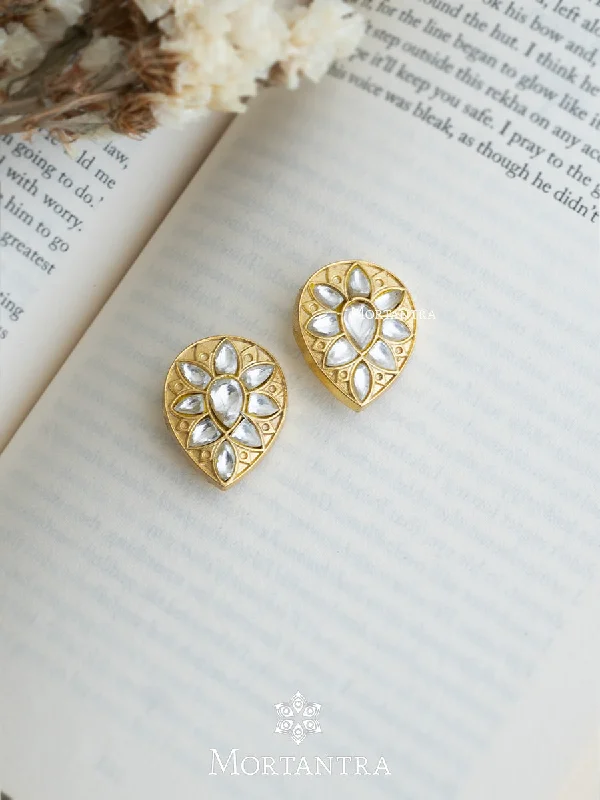 Simple Silver Earrings-White Color Gold Plated Thappa Jadau Kundan Earrings - TJ-E60W