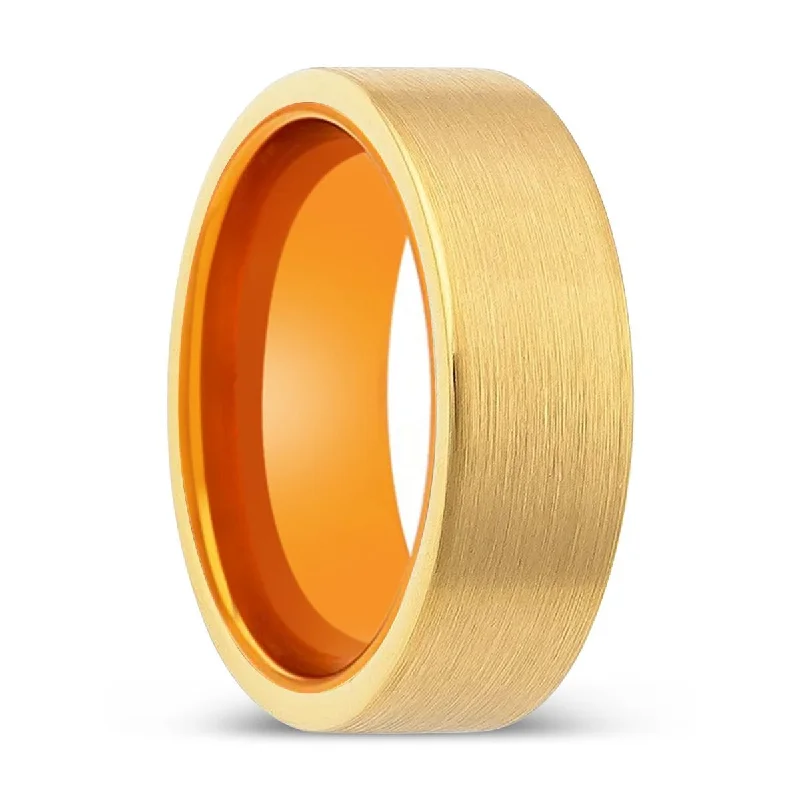 CAERLEON | Orange Ring, Gold Tungsten Ring, Brushed, Flat