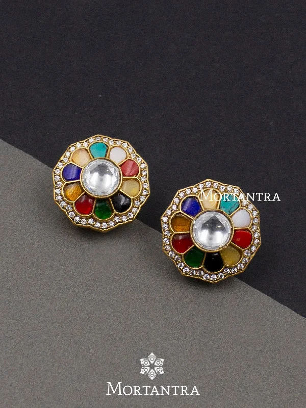 Classic Pearl Studs-Navratna Gold Plated Faux Diamond Earrings - CZEAR421N