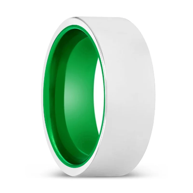 LEROY | Green Ring, Silver Tungsten Ring, Shiny, Flat