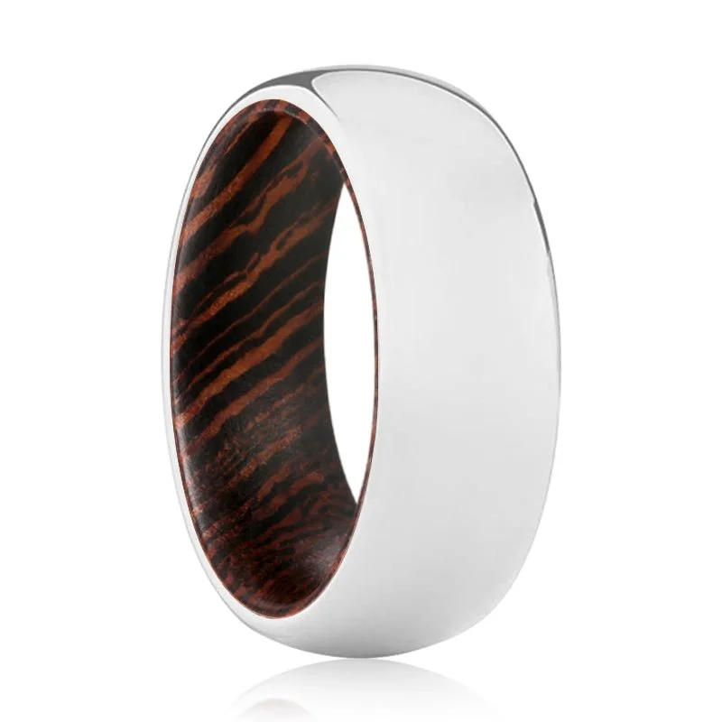 WISDOM | Wenge Wood, Silver Tungsten Ring, Shiny, Domed