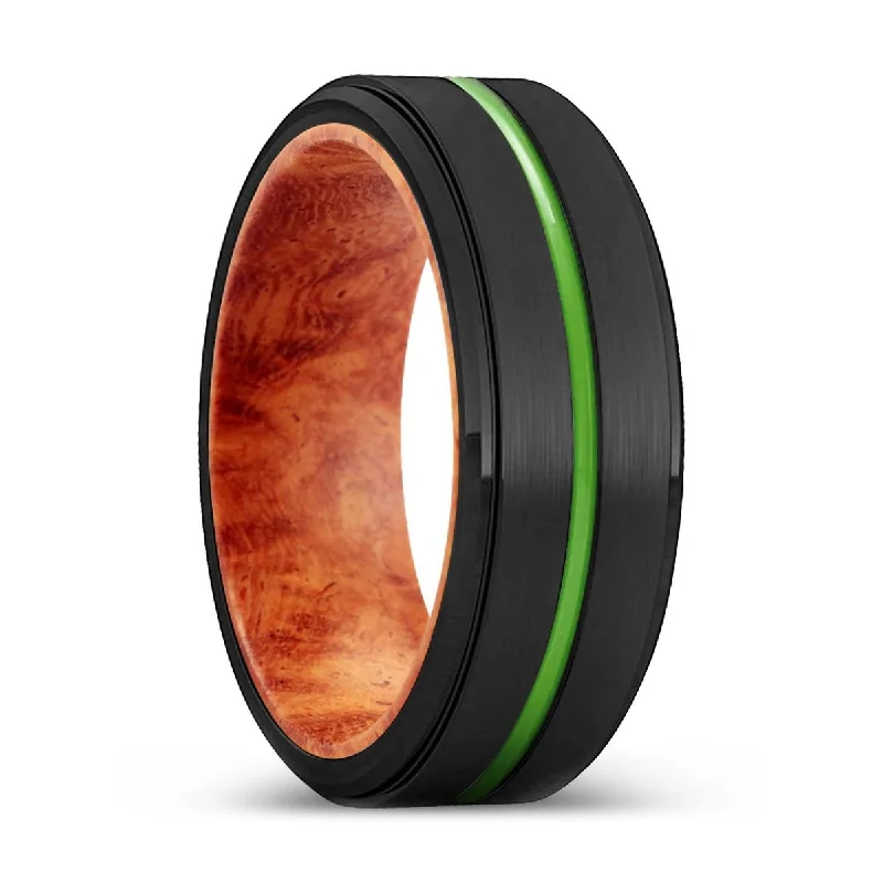 SALINAS | Red Burl Wood, Black Tungsten Ring, Green Groove, Stepped Edge