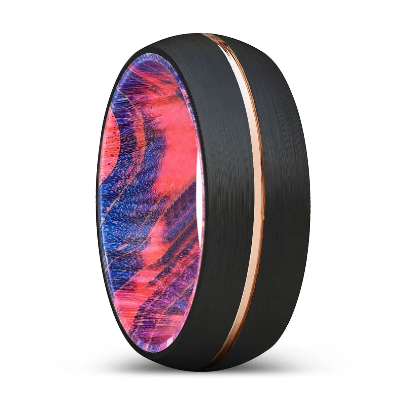 KODITE | Blue & Red Wood, Black Tungsten Ring, Rose Gold Groove, Domed