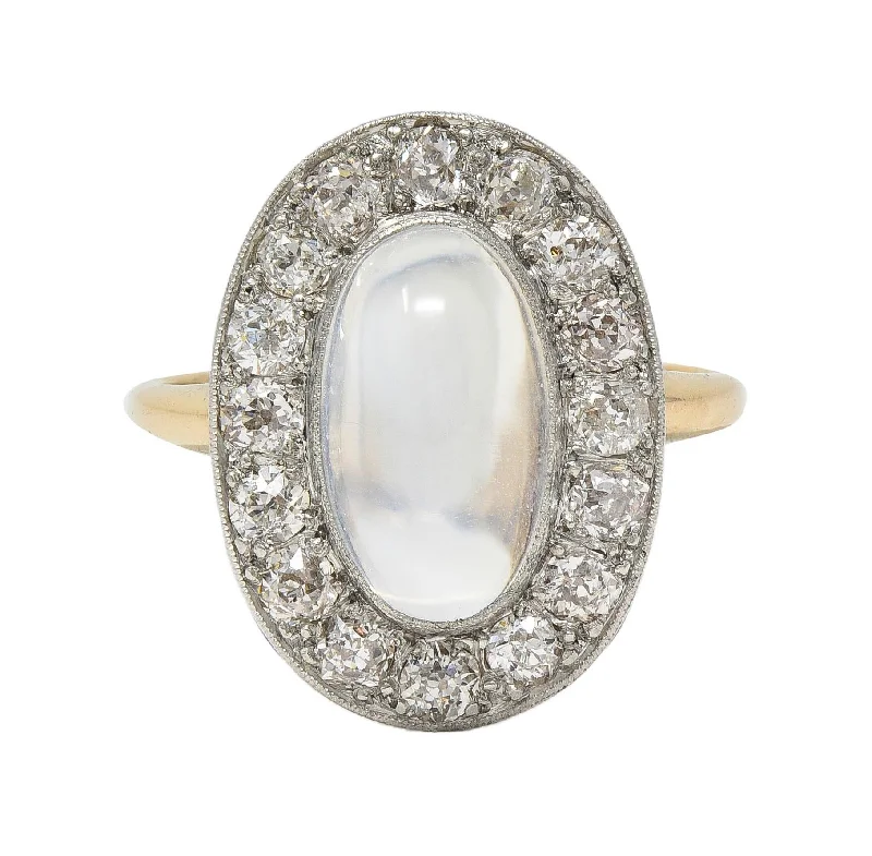 Edwardian 1.12 CTW Moonstone Diamond Platinum 14 Karat Gold Antique Halo Ring