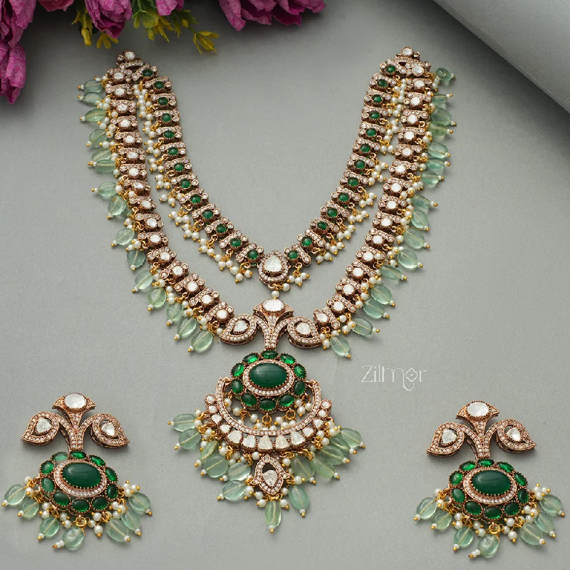 Beaded Gold Necklace-KH1011325 - Moissanite Stone and Green layered haar Polki Uncut Necklace Earrings Bridal Set