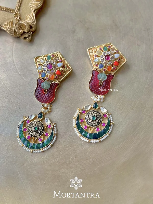 Fashionable Chandelier Earrings-Navratna Gold Plated Mishr Earrings - MR-E44N