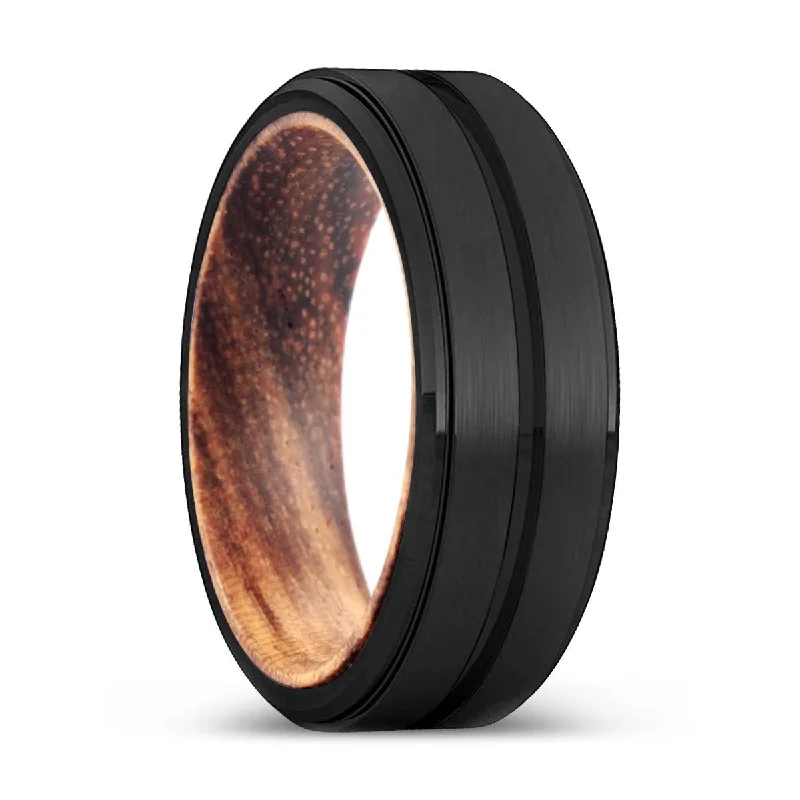 MILES | Zebra Wood, Black Tungsten Ring, Grooved, Stepped Edge