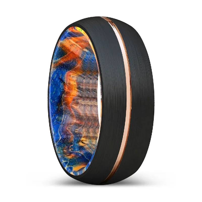 XALES | Blue & Yellow/Orange Wood, Black Tungsten Ring, Rose Gold Groove, Domed