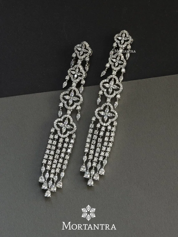 Party Drop Earrings-White Color Silver Plated Faux Diamond Earrings - CZEAR446