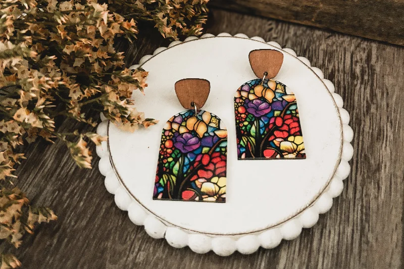 Unique Hoop Earrings-Beautiful Wood and Stained Glass Effect Earrings