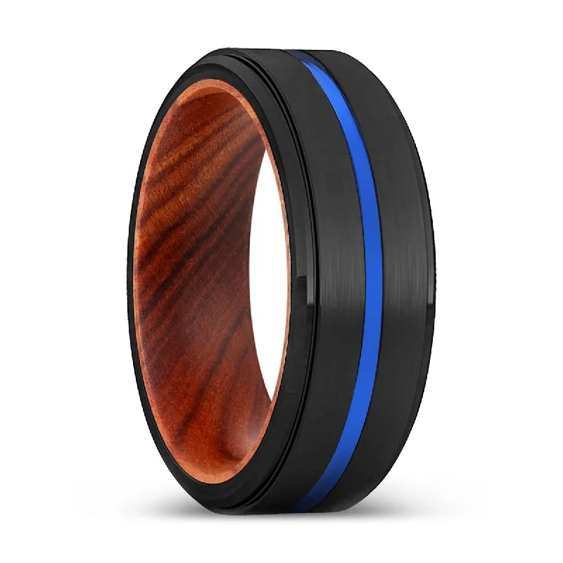 DOC | IRON Wood, Black Tungsten Ring, Blue Groove, Stepped Edge