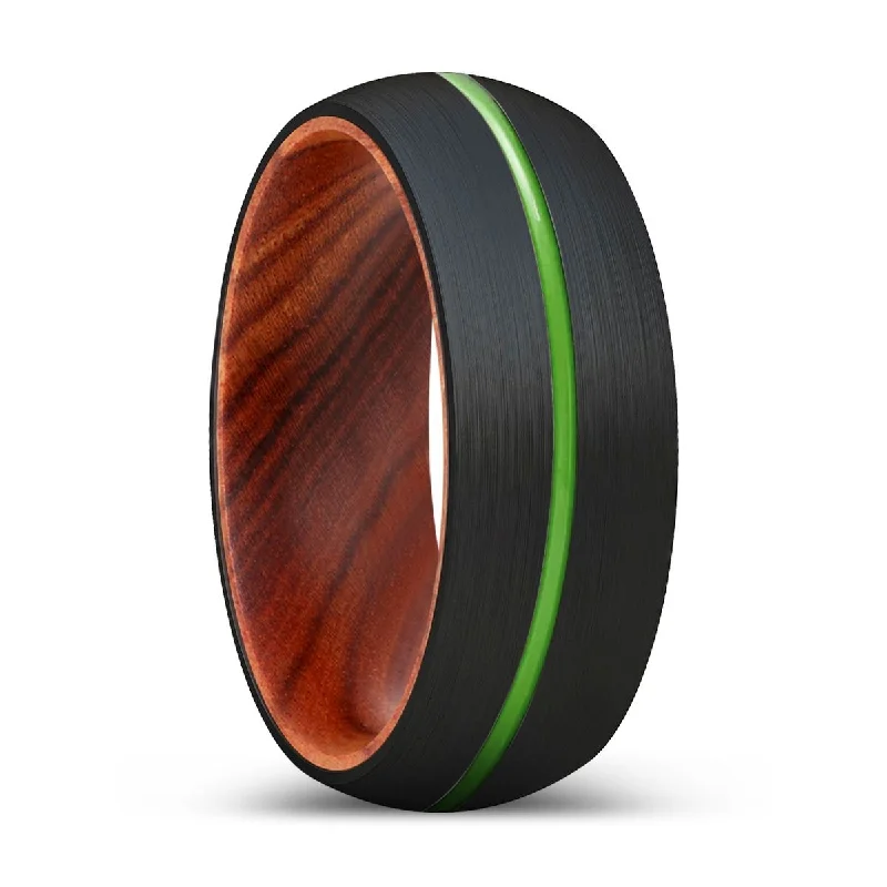 GOBLIN | IRON Wood, Black Tungsten Ring, Green Groove, Domed