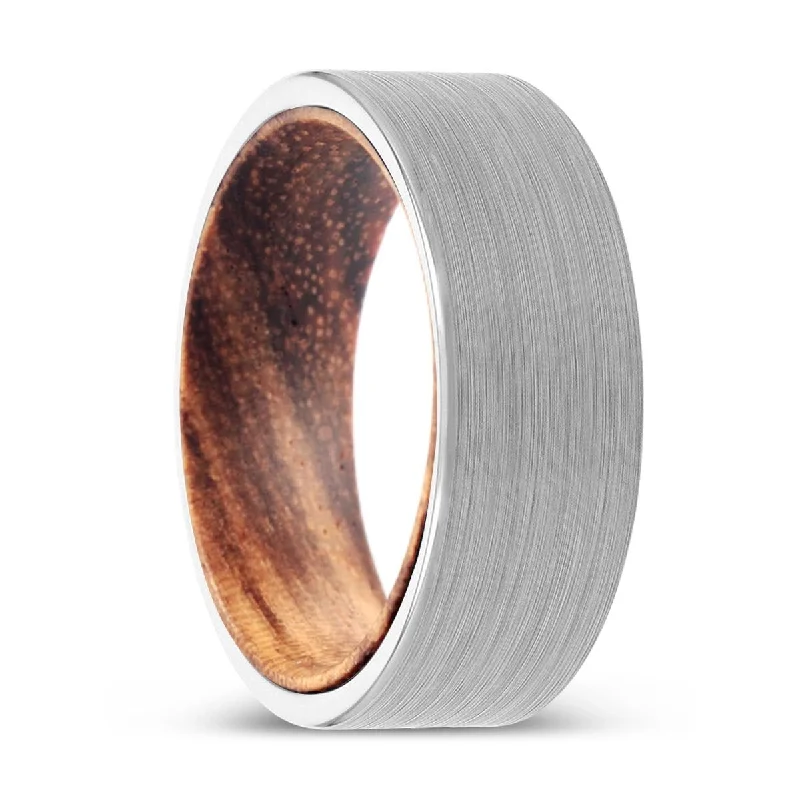 MONTOYA | Zebra Wood, White Tungsten Ring, Brushed, Flat