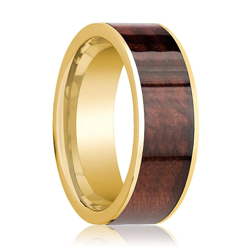 Men's Flat 14k Yellow Gold Wedding Band with Red Wood Inlay Polished Finish - 8MM