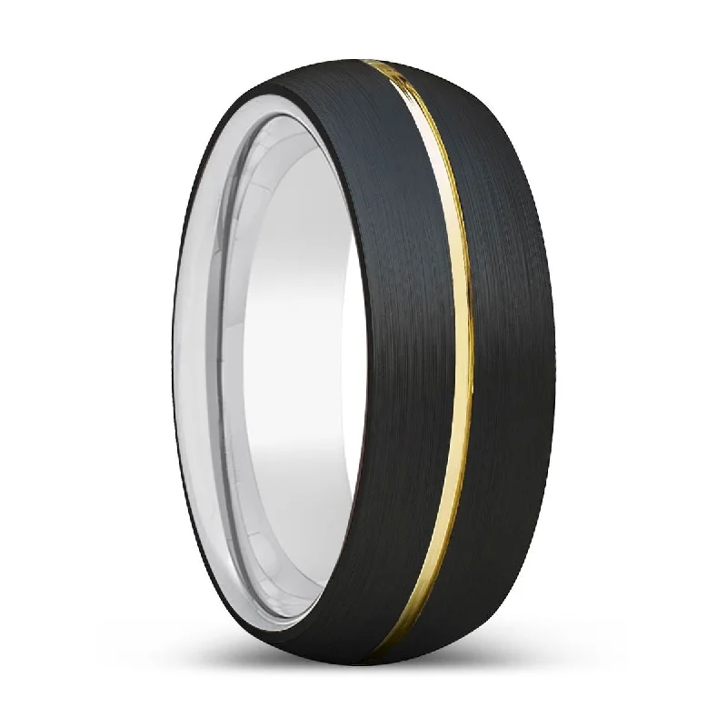 NEXUS | Silver Ring, Black Tungsten Ring, Gold Groove, Domed