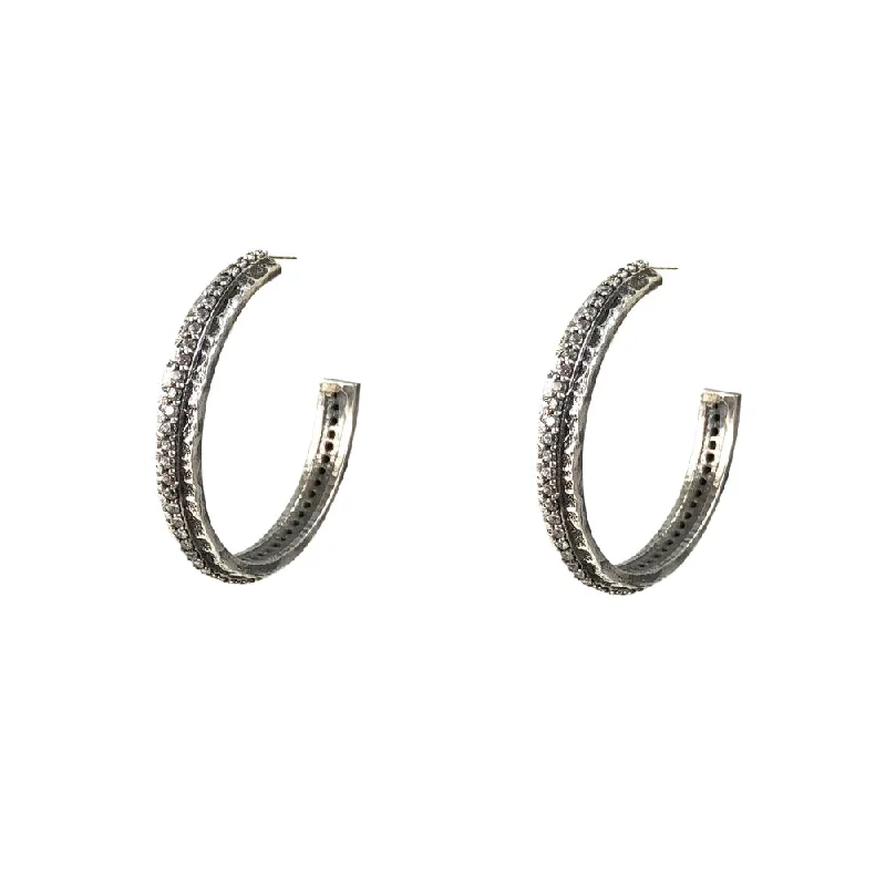 Geometric Stud Earrings-VINTAGE SILVER EGY CRYSTAL THIN HOOPS