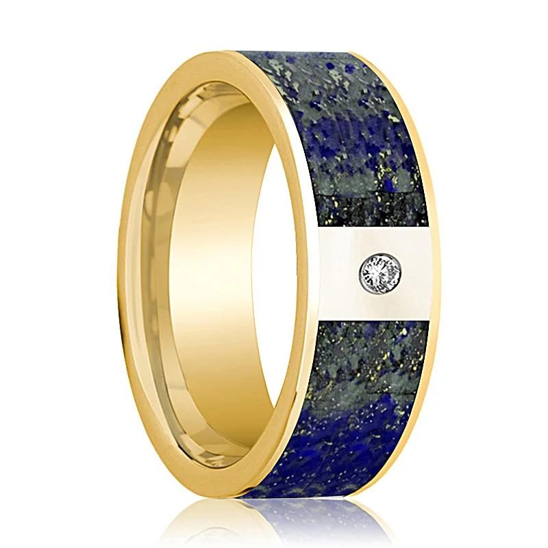 Men's 14k Yellow Gold and Diamond Wedding Band with Blue Lapis Lazuli Inlay - 8MM