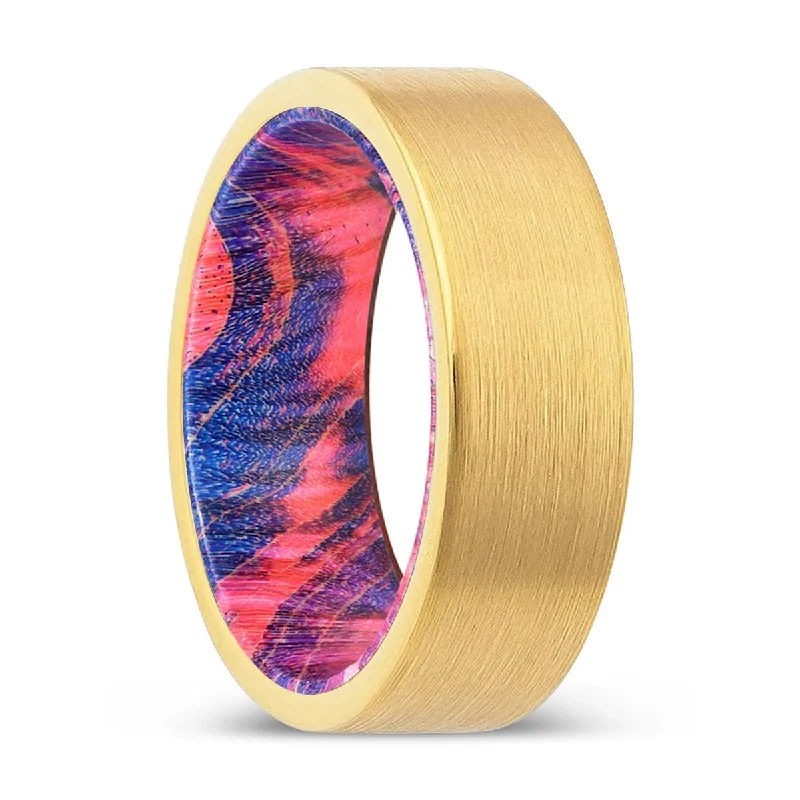 MILLSTONE | Blue & Red Wood, Gold Tungsten Ring, Brushed, Flat