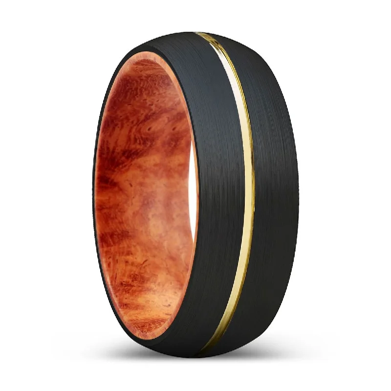 ALSOS | Red Burl Wood, Black Tungsten Ring, Gold Groove, Domed