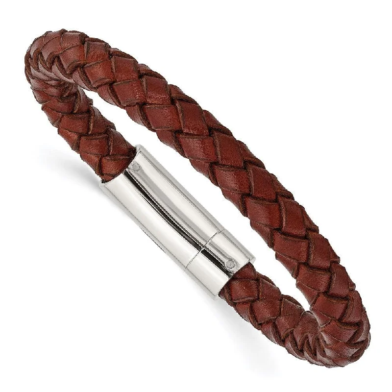 Custom Diamond Bracelet-Stainless Steel Brown Leather 8.5in Bracelet