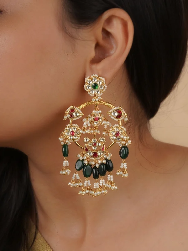 Long Silver Earrings-Multicolor Gold Plated Jadau Kundan Earrings - ME877M