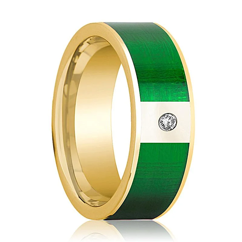 Men's 14k Yellow Gold Wedding Band with Textured Green Inlay and Diamond in Center - 8MM