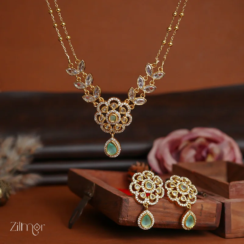 Romantic Gold Necklace-SN1011329 - Premium Antique AD Stone Double Layer Necklace with Earrings