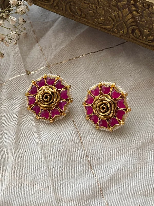 Fun Hoop Earrings-Pink Color Gold Plated Jadau Kundan Earrings - ME821P