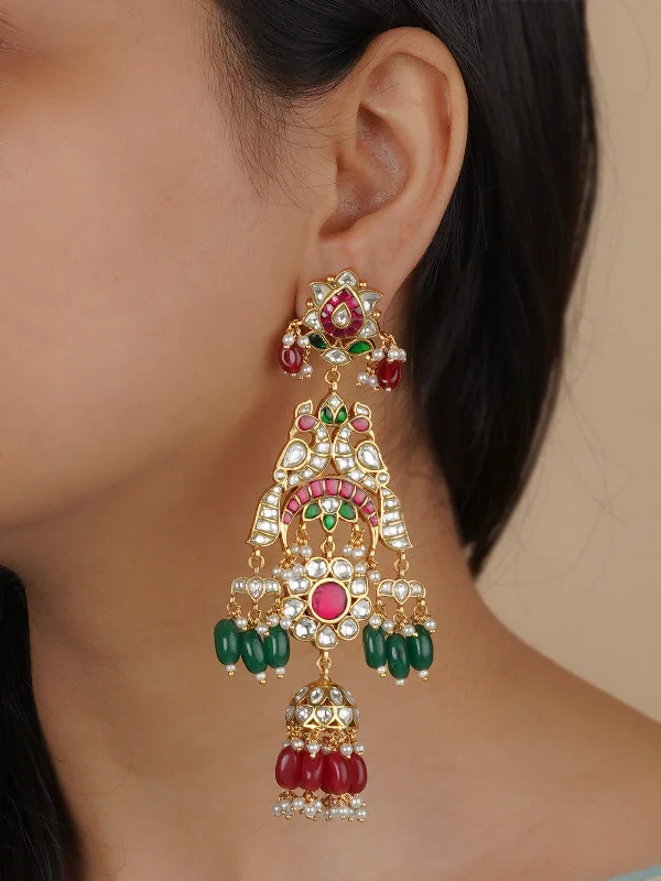 Handmade Gold Earrings-Multicolor Gold Plated Jadau Kundan Earrings - ME1146M