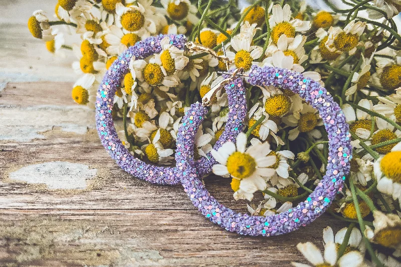 Crystal Dangle Earrings-Beautiful Purple Glitter Hoop Earrings